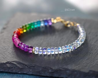 14K Gold Rainbow Gemstone Bracelet, Moonstone Jewelry