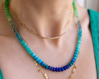 Turquoise Necklace Emerald Necklace Blue Green Gemstone Beaded Necklace Green Blue Necklace Royal Blue Lapis Lazuli Necklace 14K SOLID GOLD