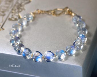 14K Solid Gold Rainbow Moonstone Bracelet, Blue Glow Gemstone