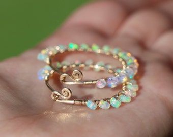 Ethiopian Opal Hoop Earrings Welo Opal Earrings Fire Opal Earrings Gold Opal Small Hoop Earrings Gold Wire Wrapped Opal Hoops SOLID GOLD 14K