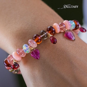 14K Gold Gemstone Bracelet: Pink Tourmaline and Opal, Silk Knotted with Charms