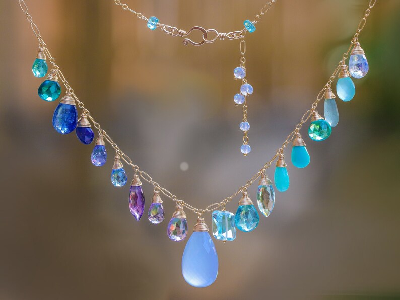 SOLID GOLD 14K Blue Gemstone Necklace Multi Gemstone Necklace Etsy