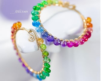 14K Solid Gold Rainbow Hoop Earrings, Multi Gemstone
