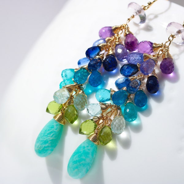 Purple Blue Gemstone Earrings, Amazonite Earrings, Rainbow Earrings, Statement Earrings Wire Wrapped Gold Filled, Gemstone Cluster Earrings