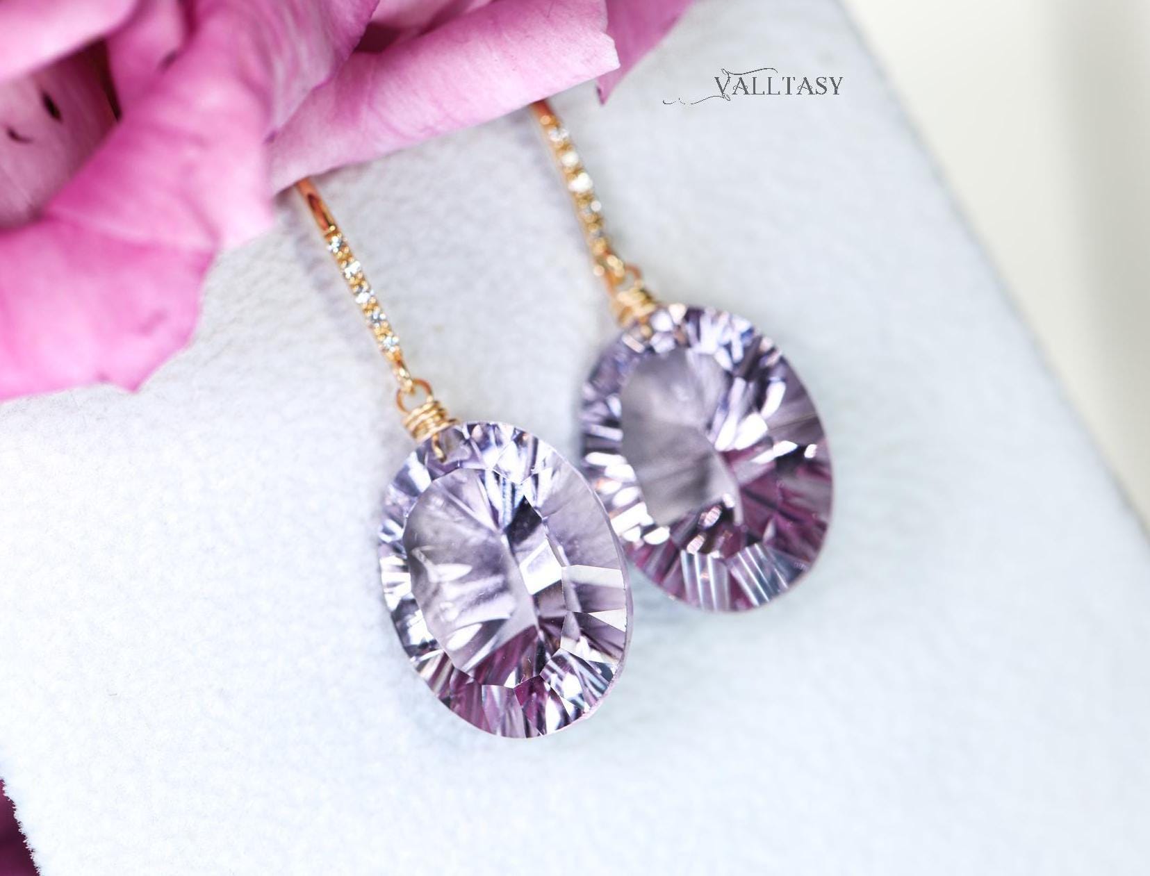 14K Solid Gold Pink Amethyst Earrings, Diamond Earwires - Etsy