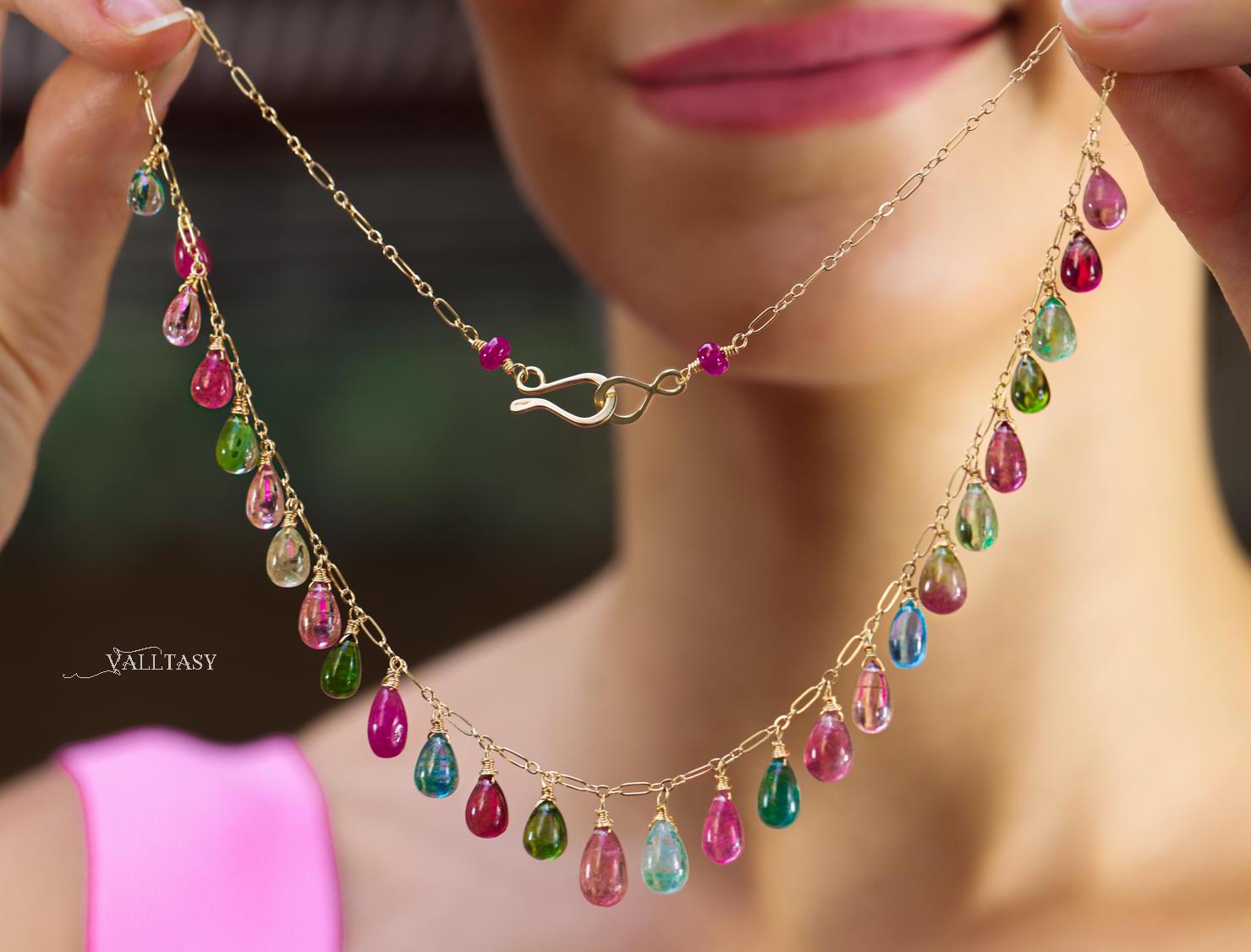 Tourmaline Necklace Rainbow Tourmaline 14K Gemstone Necklace Colorful Tourmaline Drop Necklace Pink Blue Tourmaline Necklace SOLID GOLD 14K