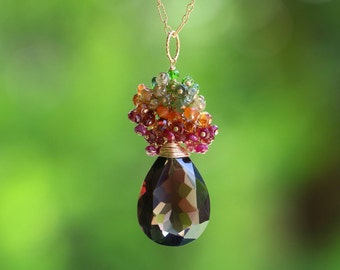Smoky Quartz Pendant Gemstone Long Necklace Gold Filled, Gemstone Statement Necklace, Gemstone Large Briolette Pendant Fall Autumn Necklace