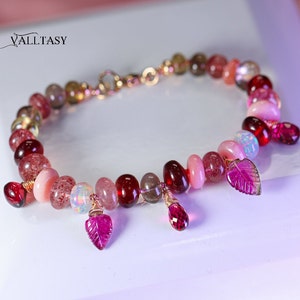 Pink Tourmaline Bracelet Multi Stone Bracelet Silk Knotted Bracelet Gold Pink Opal Bracelet Statement Bracelet 14K Welo Opal SOLID GOLD 14K image 3