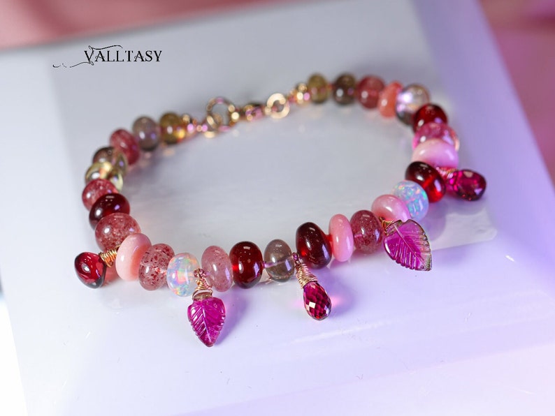 Pink Tourmaline Bracelet Multi Stone Bracelet Silk Knotted Bracelet Gold Pink Opal Bracelet Statement Bracelet 14K Welo Opal SOLID GOLD 14K image 3