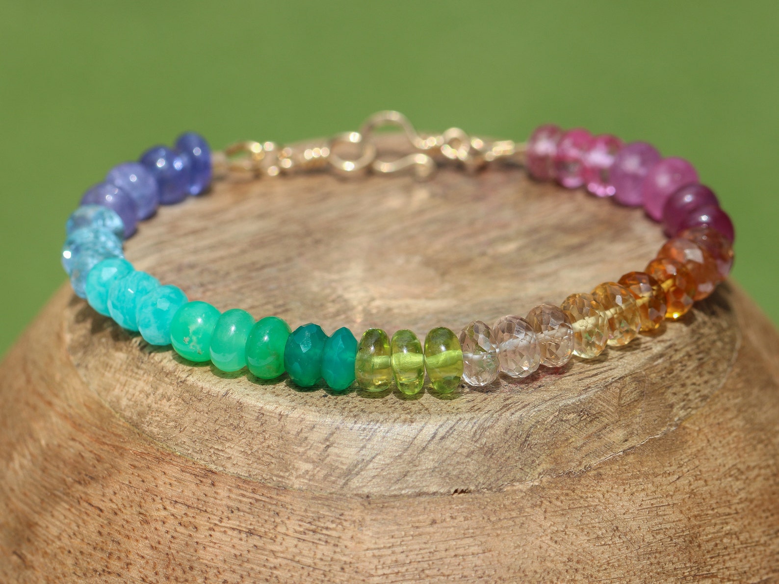 SOLID GOLD 14K Rainbow Gemstone Bracelet Precious Stone | Etsy