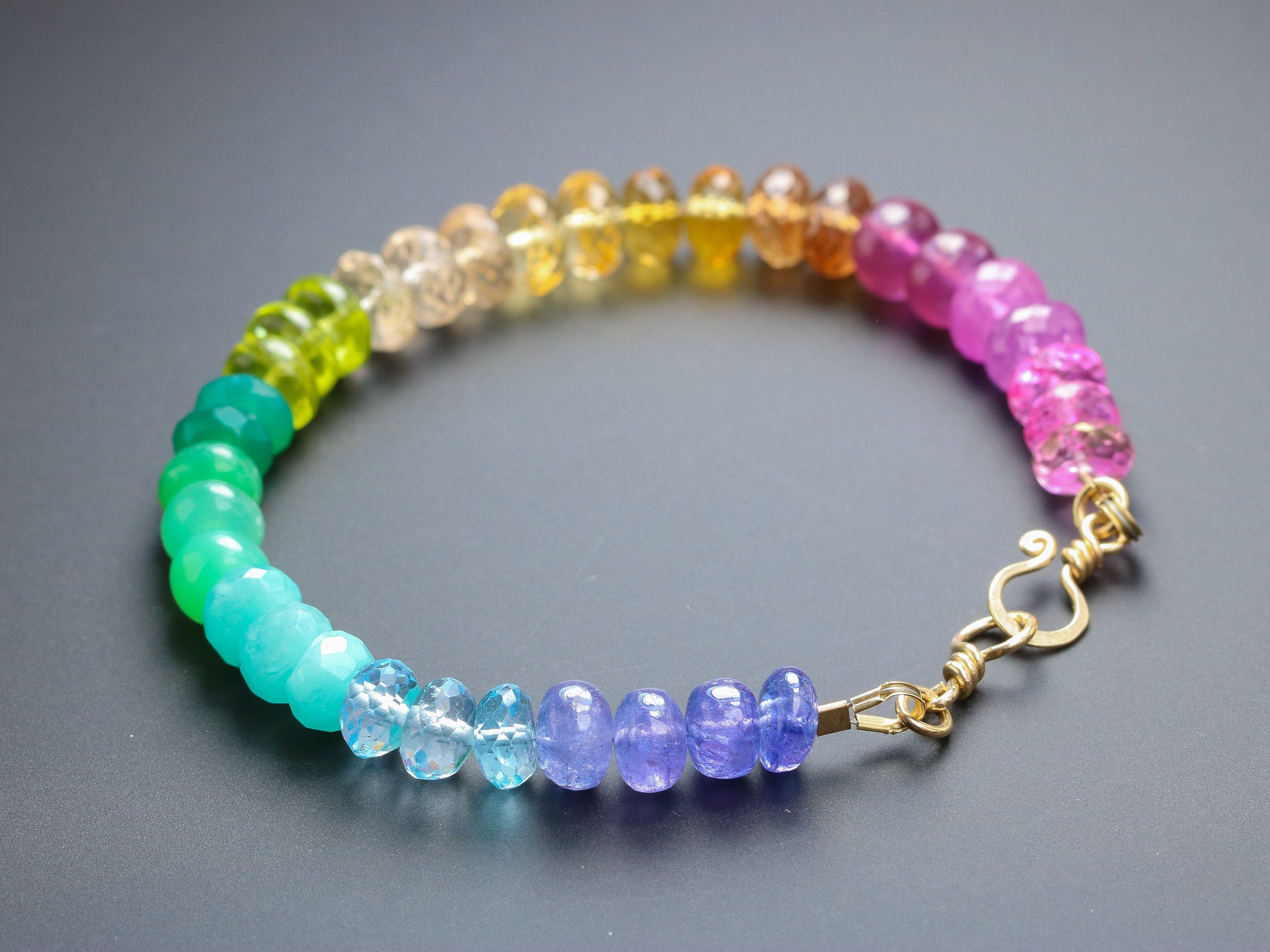 SOLID GOLD 14K Rainbow Gemstone Bracelet Precious Stone | Etsy