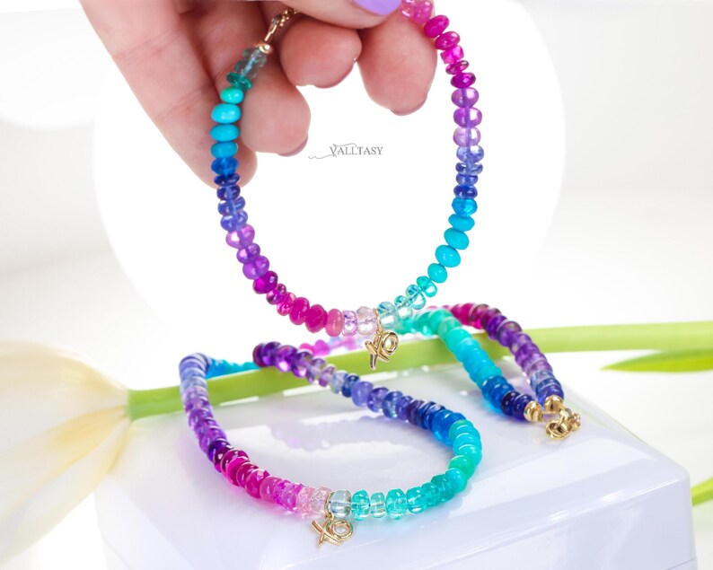 Multi Gemstone Beaded Necklace, 14K Gold XO Charm image 9