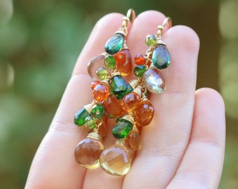 Gemstone Drop Earrings Colorful Gemstone Earrings Green Yellow Earrings Autumn Earrings Fall Colors Semi Precious Colorful Cluster Earrings