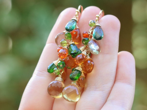 Gemstone Drop Earrings Colorful Gemstone Earrings Green Yellow