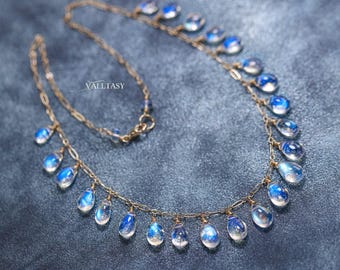 14K Solid Gold Rainbow Moonstone Drop Necklace