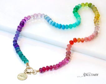 14K Solid Gold Rainbow Gemstone Necklace, Silk Knotted