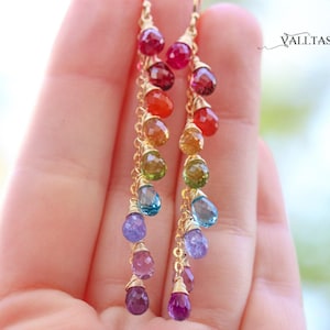 Rainbow Earrings Rainbow Gemstone Earrings Colorful Earrings Long Drop Earrings Precious Stone Earring Rainbow Dangle Earring SOLID GOLD 14K