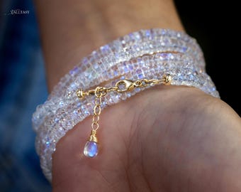 Rainbow Moonstone 14K Solid Gold Multi Wrap Bracelet Necklace