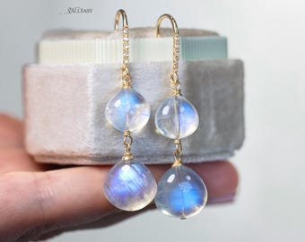 14K Solid Gold Rainbow Moonstone Diamond Dangle Earrings