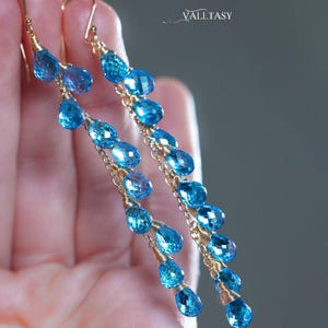 Swiss Blue Topaz Earrings, Long Topaz Drop Earrings, Genuine Blue Topaz Earrings, Blue Gemstone Earrings Blue Bridal Earrings SOLID GOLD 14K