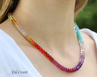 14K Solid Gold Rainbow Gemstone Beaded Necklace