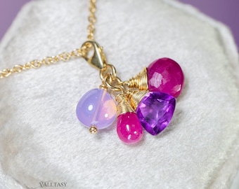 14K Solid Gold Gemstone Cluster Charm: Ruby, Sapphire, Amethyst