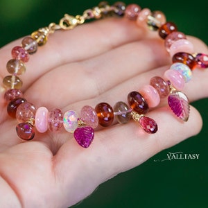 Pink Tourmaline Bracelet Multi Stone Bracelet Silk Knotted Bracelet Gold Pink Opal Bracelet Statement Bracelet 14K Welo Opal SOLID GOLD 14K image 8