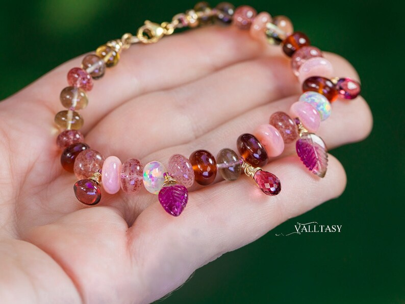 Pink Tourmaline Bracelet Multi Stone Bracelet Silk Knotted Bracelet Gold Pink Opal Bracelet Statement Bracelet 14K Welo Opal SOLID GOLD 14K image 8