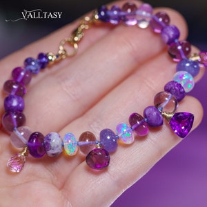 Purple Amethyst Bracelet Opal Bracelet Multi Stone Bracelet Silk Knotted Bracelet Gold Tanzanite Bracelet Statement Bracelet SOLID GOLD 14K