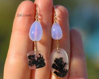 Dendritic Agate Earrings Natural Lavender Quartz Earrings One of a Kind Mismatched Earrings Gemstone Earrings 14K Yellow Gold SOLID GOLD 14K