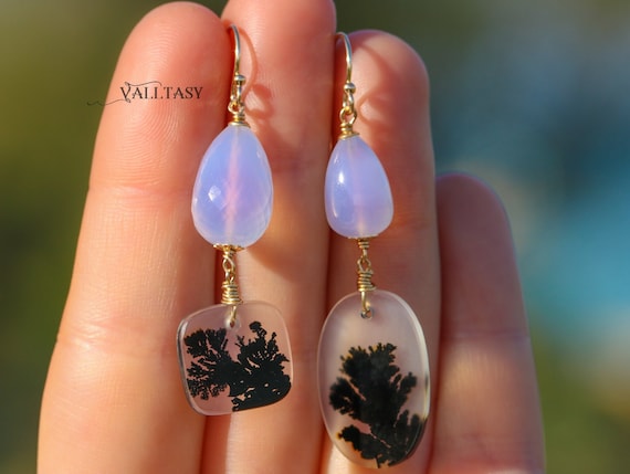 Dendritic Agate Earrings Natural Lavender Quartz Earrings One of a Kind Mismatched Earrings Gemstone Earrings 14K Yellow Gold SOLID GOLD 14K Etsy UK