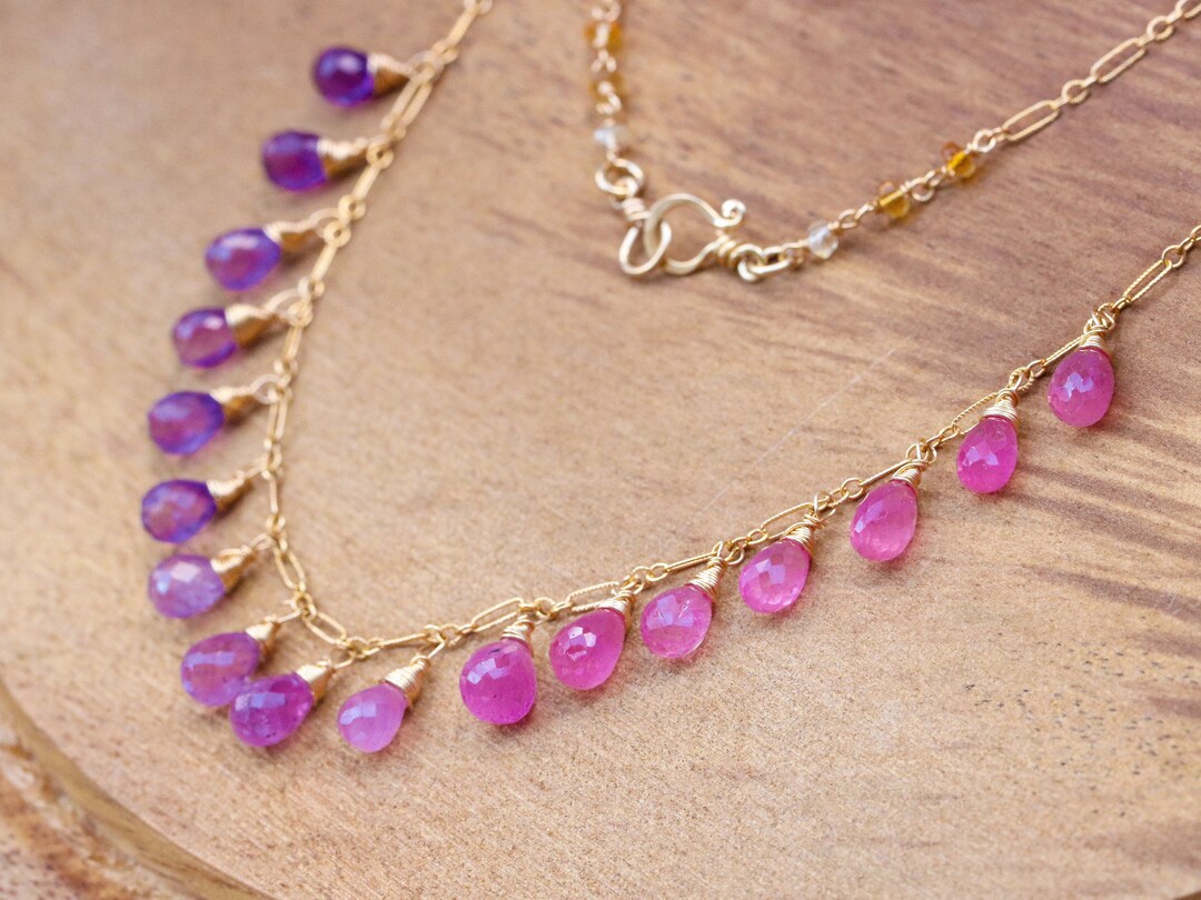 Pink Sapphire Necklace Multi Gemstone Drop Necklace Teardrop Etsy
