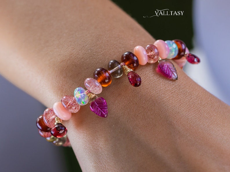 Pink Tourmaline Bracelet Multi Stone Bracelet Silk Knotted Bracelet Gold Pink Opal Bracelet Statement Bracelet 14K Welo Opal SOLID GOLD 14K image 1