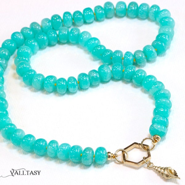 Amazonite Necklace Silk Knotted Necklace Aqua Blue Gemstone Necklace 14K Gold Ocean Blue Stone Necklace 14K Knotted Gemstone SOLID GOLD 14K