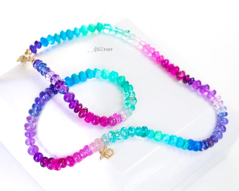Multi Gemstone Beaded Necklace, 14K Gold XO Charm image 3