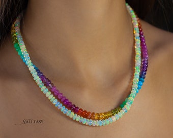 Double Rainbow Necklace Opal Necklace 14K Layered Colorful Necklace Colorful Beaded Necklace 14K Welo Opal Layering Necklace SOLID GOLD 14K