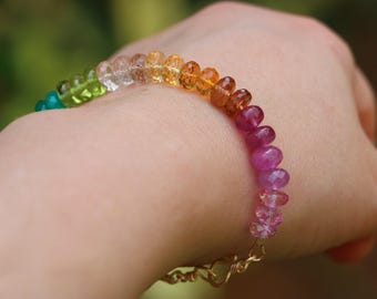 14K Solid Gold Rainbow Gemstone Bracelet with Colorful Precious Stones