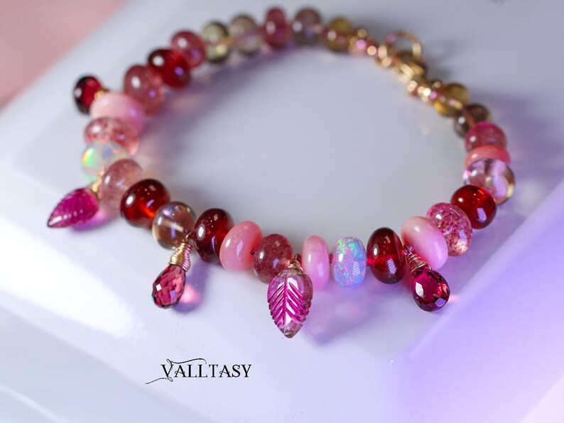 Pink Tourmaline Bracelet Multi Stone Bracelet Silk Knotted Bracelet Gold Pink Opal Bracelet Statement Bracelet 14K Welo Opal SOLID GOLD 14K image 7