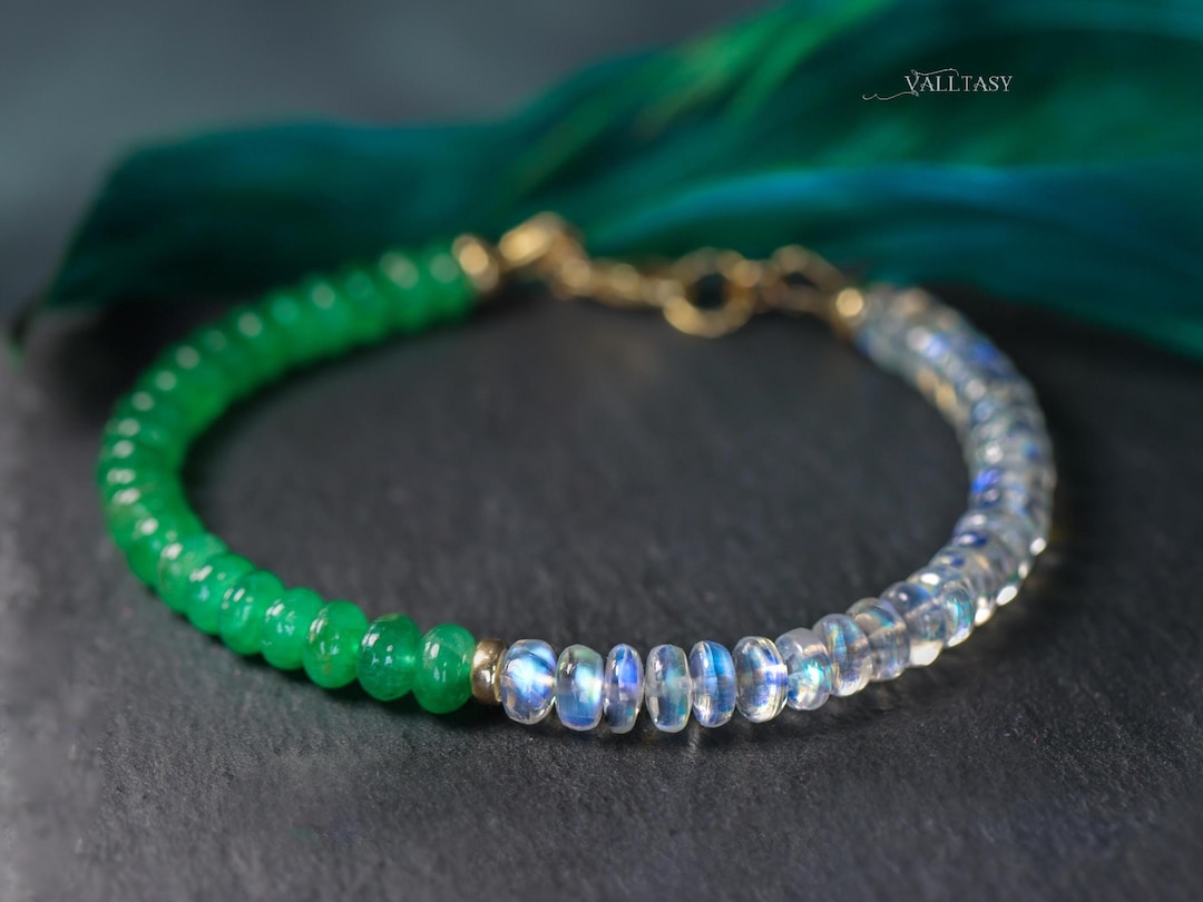 Zambian Emerald Bracelet, Rainbow Moonstone, 14K Solid Gold - Etsy