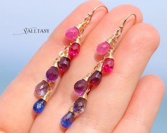 Multi Gemstone Earrings, Rainbow Earrings, Colorful Earrings, Multi Sapphire Earrings, Rainbow Gemstone Earrings, Colorful Long Earrings 14K