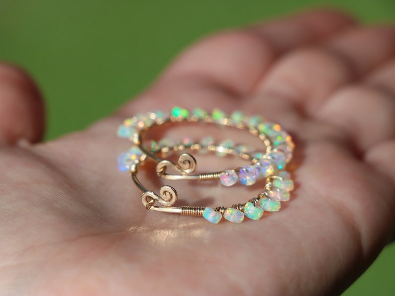 Ethiopian Opal Hoop Earrings Welo Opal Earrings Fire Opal Earrings Opal Small Hoop Earrings Gold Wire Wrapped Opal Hoops Hammered Hoops 14K