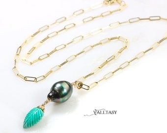 Tahitian Pearl Pendant Necklace Turquoise Pendant Carved Leaf Turquoise Genuine Black Tahitian Pearl Boho Turquoise Necklace SOLID GOLD 14K