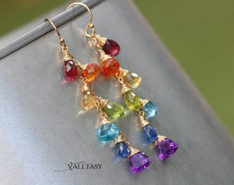 Rainbow Gemstone Drop Earrings, 14K Gold Filled