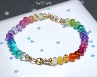 Rainbow Bracelet Pastel Silk Knotted Bracelet Rainbow Gemstone Bracelet Gold 14K Gemstone Beaded Bracelet 14K Rainbow Knotted SOLID GOLD 14K