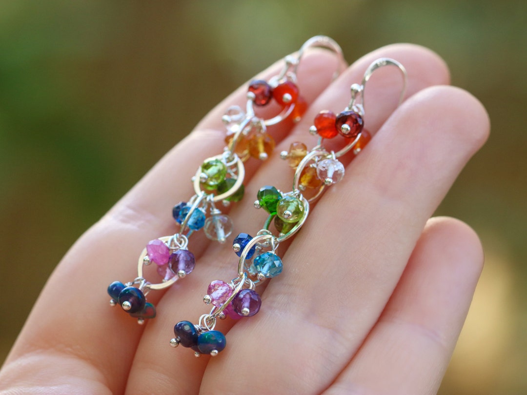 Rainbow Earrings Colorful Rainbow Gemstone Earrings Gold Chain Earrings ...