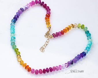 14K Solid Gold Rainbow Gemstone Necklace, Silk Knotted Precious Stone