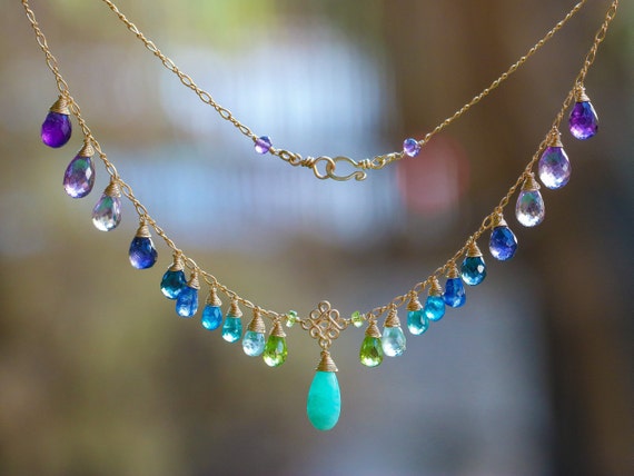 Multi Gemstone Necklace Colorful Drop Necklace Purple Blue Gemstone Necklace  Aqua Blue Purple Bib Necklace Statement Necklace SOLID GOLD 14K - Etsy