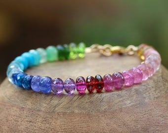 14K Gold Rainbow Gemstone Bracelet: Colorful Semi-Precious Stack