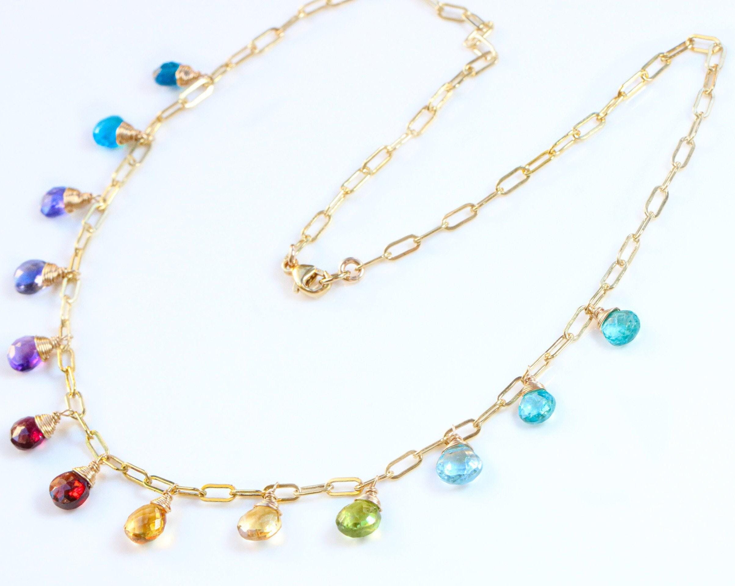 Collar Multicapa Con Piedras De Arcoíris - Chapado En Oro 14k, Cadena Ajustable, Estilo Playero Y De Moda