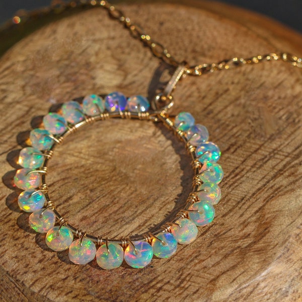 Ethiopian Opal Pendant Welo Opal Necklace Opal Hoop Pendant Wire Wrapped Opal Pendant Fire Opal Jewelry Welo Opal Pendant Genuine Opal 14K